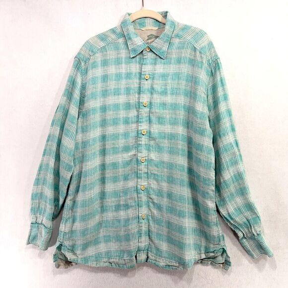Tommy Bahama Shirt Men L Green Plaid 100% Linen Relaxed Fit Breathable Career - Picture 1 of 11